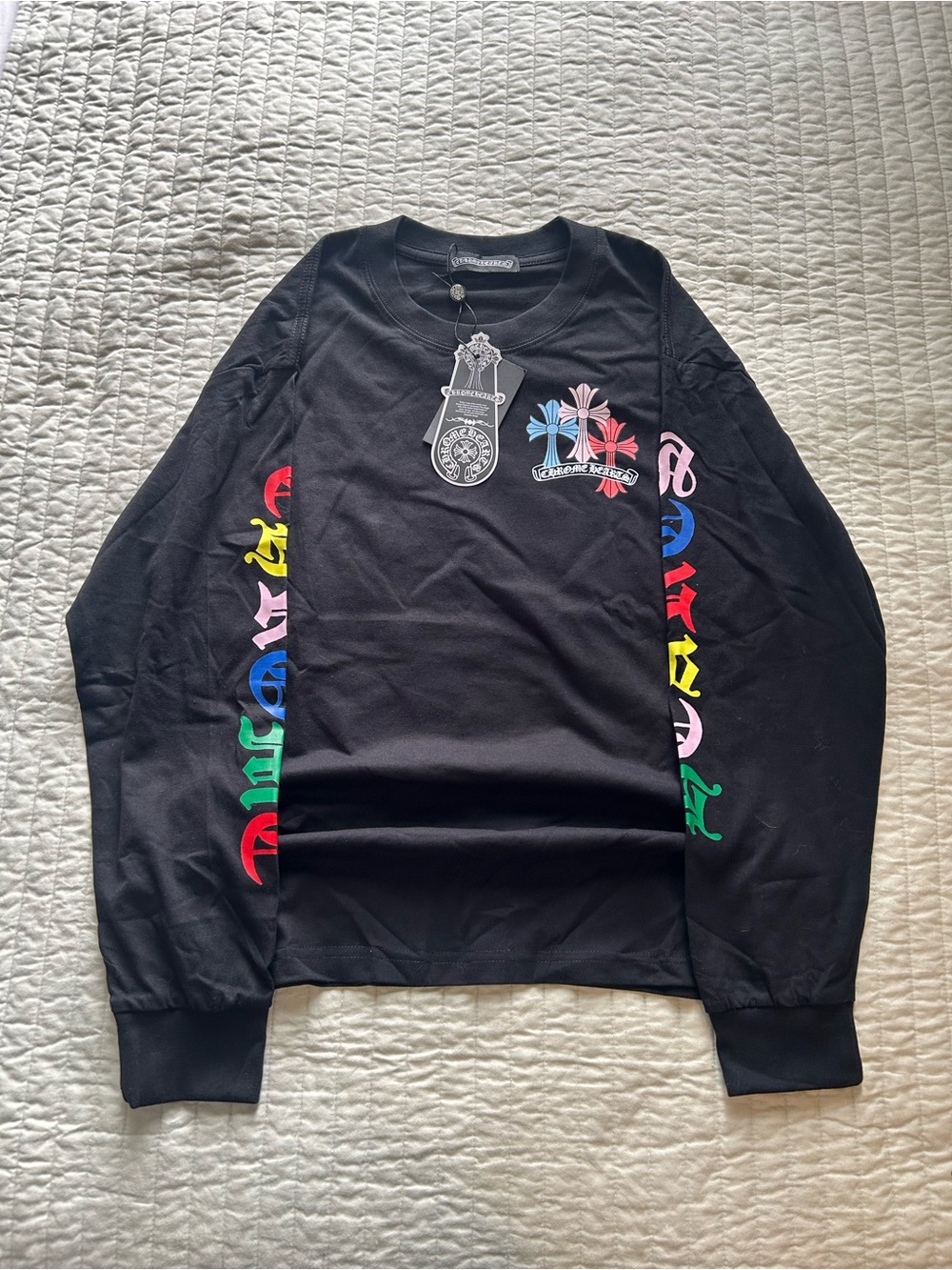 Chrome Hearts Black Crewneck Sweater with Multicolor Gothic Sleeve Print